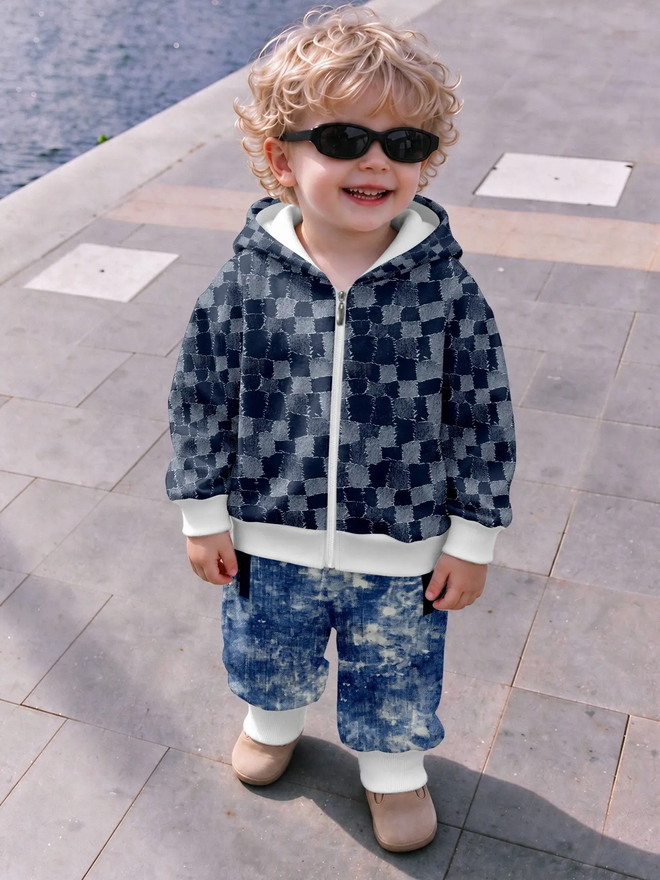 Toddler Cream Blue Floral Grid Regular Fit Zip Hooded Sweatshirt and Pants Set Top without Pockets, Pants with Pockets Artistic