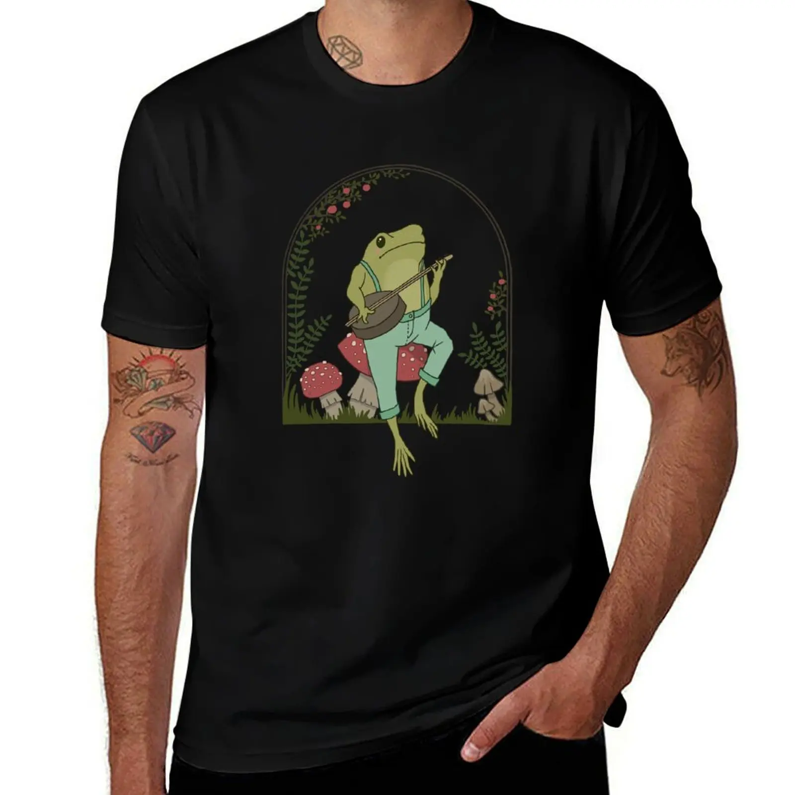 Cottagecore Aesthetic Frog Playing Banjo on Mushroom: Cute Vintage Goblincore Farmer Toad in Garden, Emo Grunge Fairycor T-Shirt