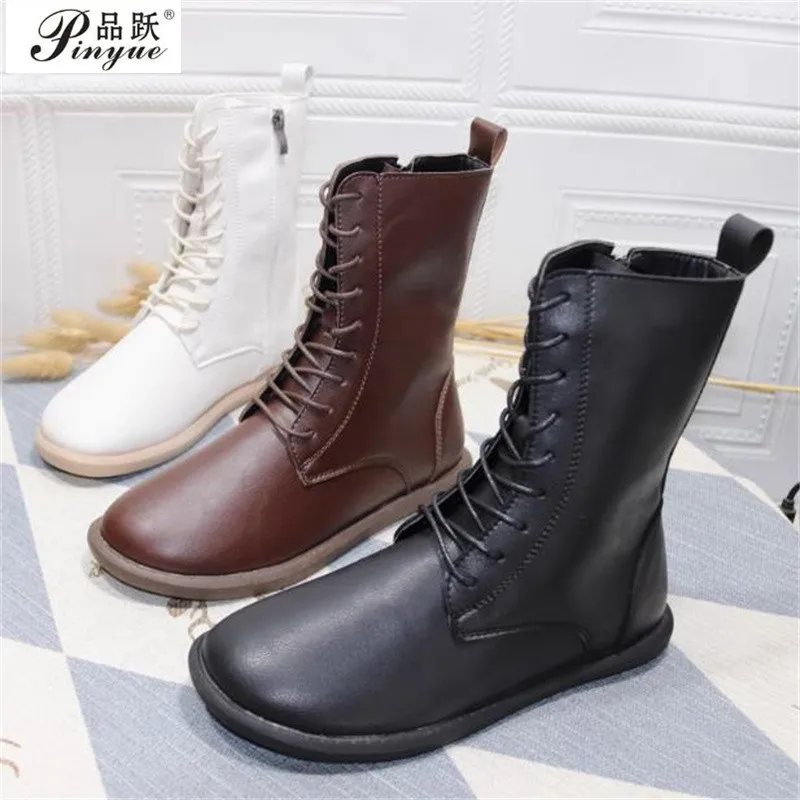 

Women Fashion Genuine Leather Winter Mid-calf Boots Women Lacing Leather Boots Size 35-40 Vintage frosted ankle boots