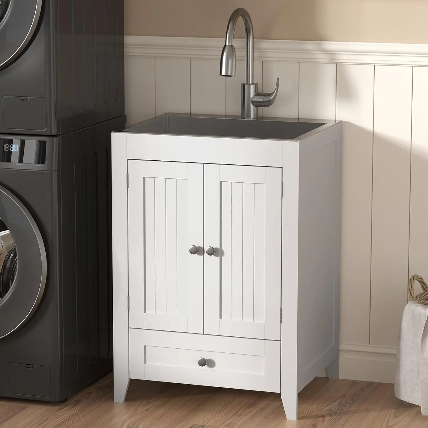 

24-Inch Laundry Sink with Cabinet and Pull-Out Sprayer Faucet, Stainless Steel Utility Sink with Cabinet and Drawer, Customized