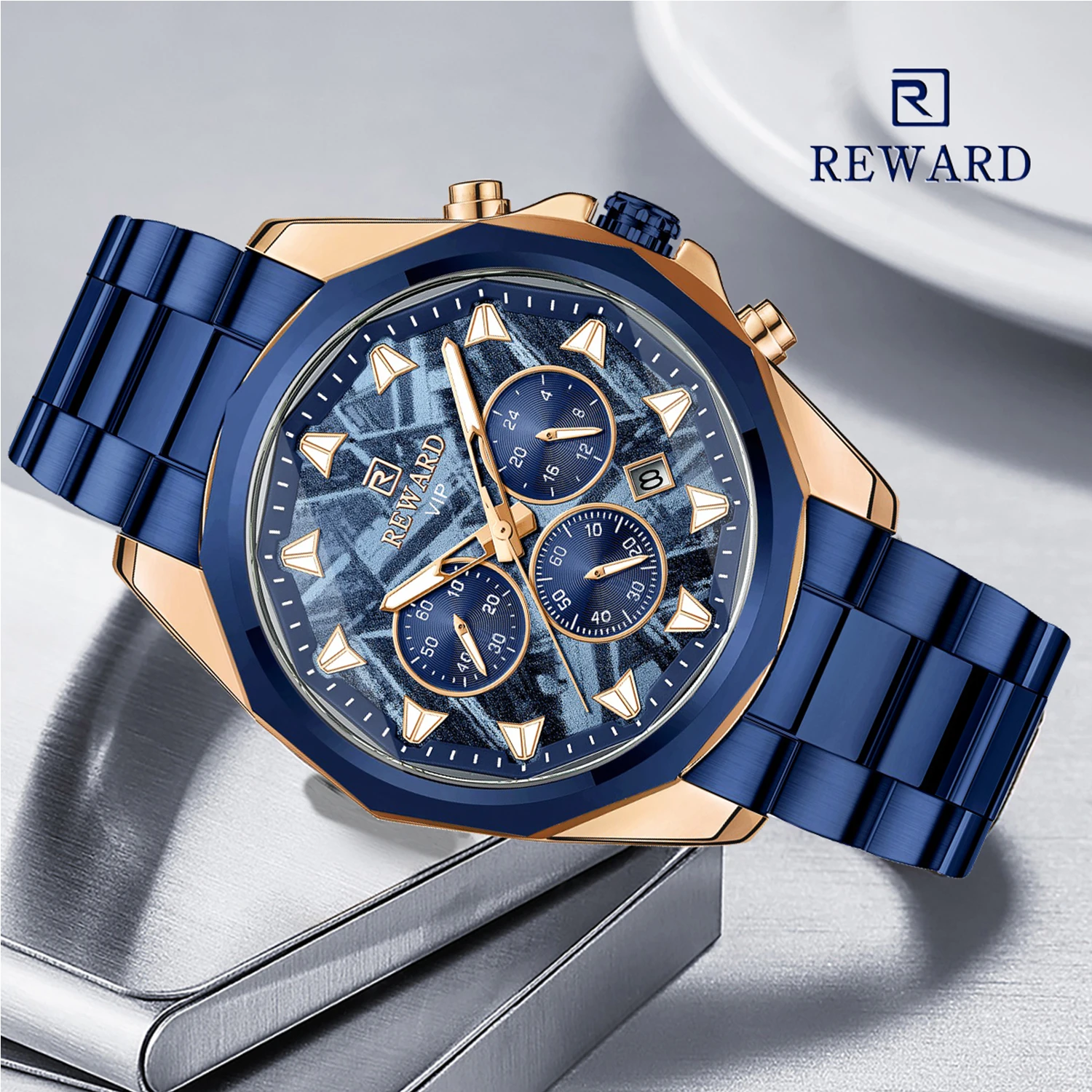 

REWARD Dark Blue Watches for Men Fashion Quartz Movement Wristwatches Luminous Hands Waterproof Clock Man