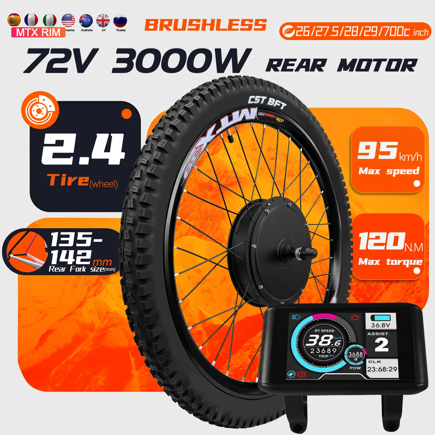 

72V 3000W Electric Bike Conversion Kit with 2.4tire 26-29inch 700C E-Bike Rear Brushless Hub Motor Bike Wheel kit MTX rim SW900