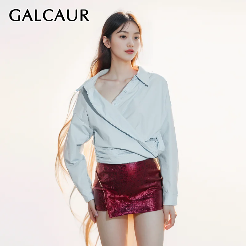 

GALCAUR Asymmetrical Cross Shirts For Women Lapel Long Sleeve Single Breasted Patchwork Folds Minimalist Tunic Blouses Female