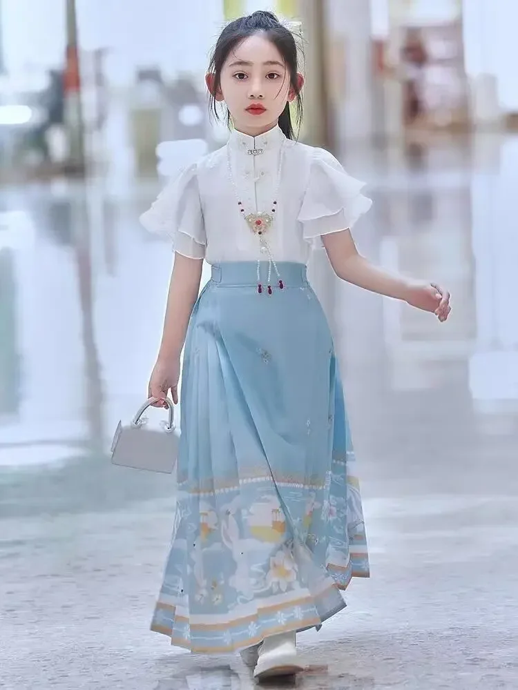 Girl Pleats Skirt Blue Print Shirt Sets Hanfu Tang Dynasty Horse Face Skirt Chinese Traditional Hanfu Skirt Mamianqun