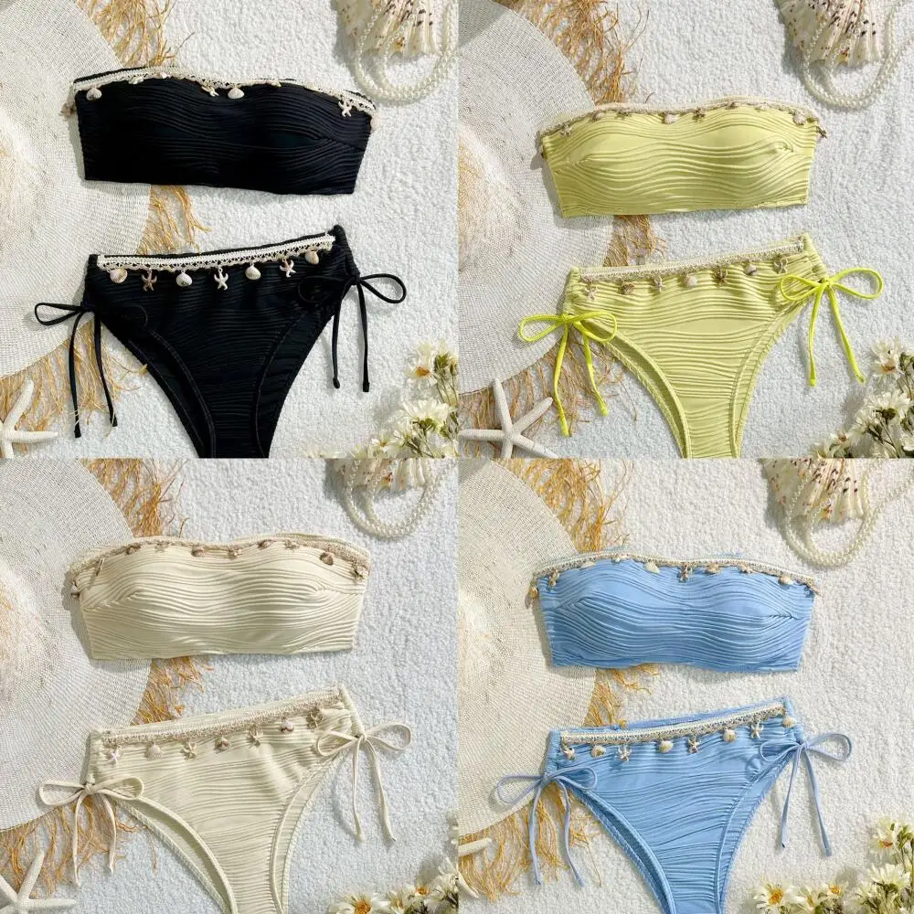 2026 New Sexy Solid Color Strapless Shell Decorated Women's Beach Vacation Swimwear Ropa Para Mujer
