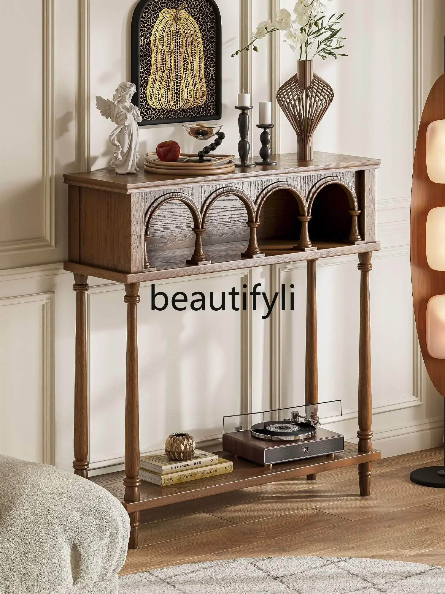 طاولة مدخل قوس من الخشب الصلب من العصور الوسطى، وطاولة مدخل غرفة المعيشة المنزلية، ورف الحائط #6