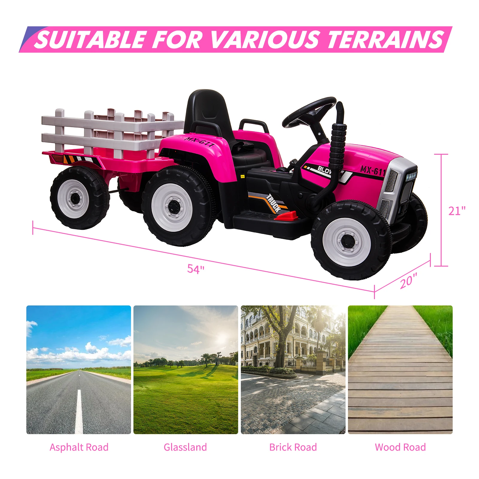 12V kinderrit op tractor met aanhangwagen en afstandsbediening elektrisch voertuig auto 2+1 versnellingspook, muziek voor kinderen van 3-6 jaar 25W