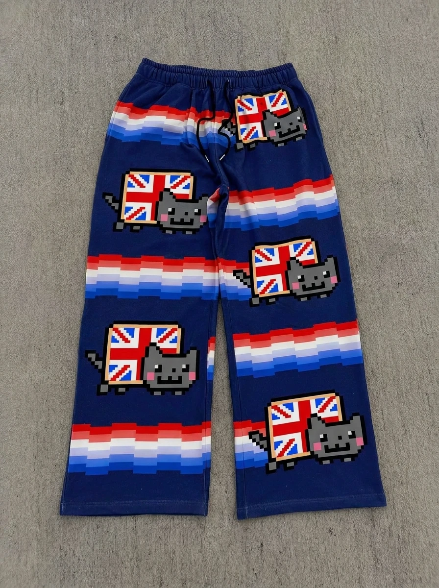 Pantalones Deportivos Vintage Rojos con Diseño de Gato Nyan Pixel Cat, Estilo Y2K, Unisex, Oversize, de Algodón, Casuales, Urbanos, Hip Hop