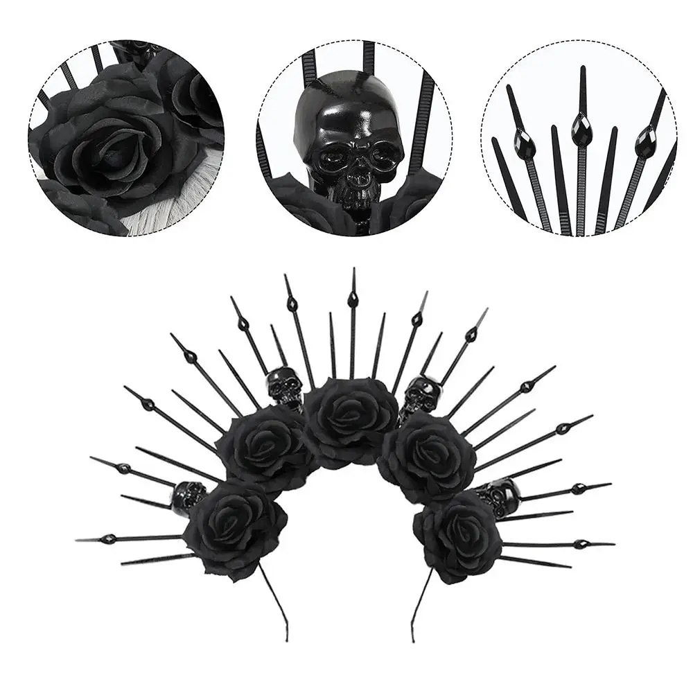 Halloween Black Rose Flower Skeleton Headband Day of The Dead Party Cosplay Headwear Gothic Women Goddess Halo Crown for Women