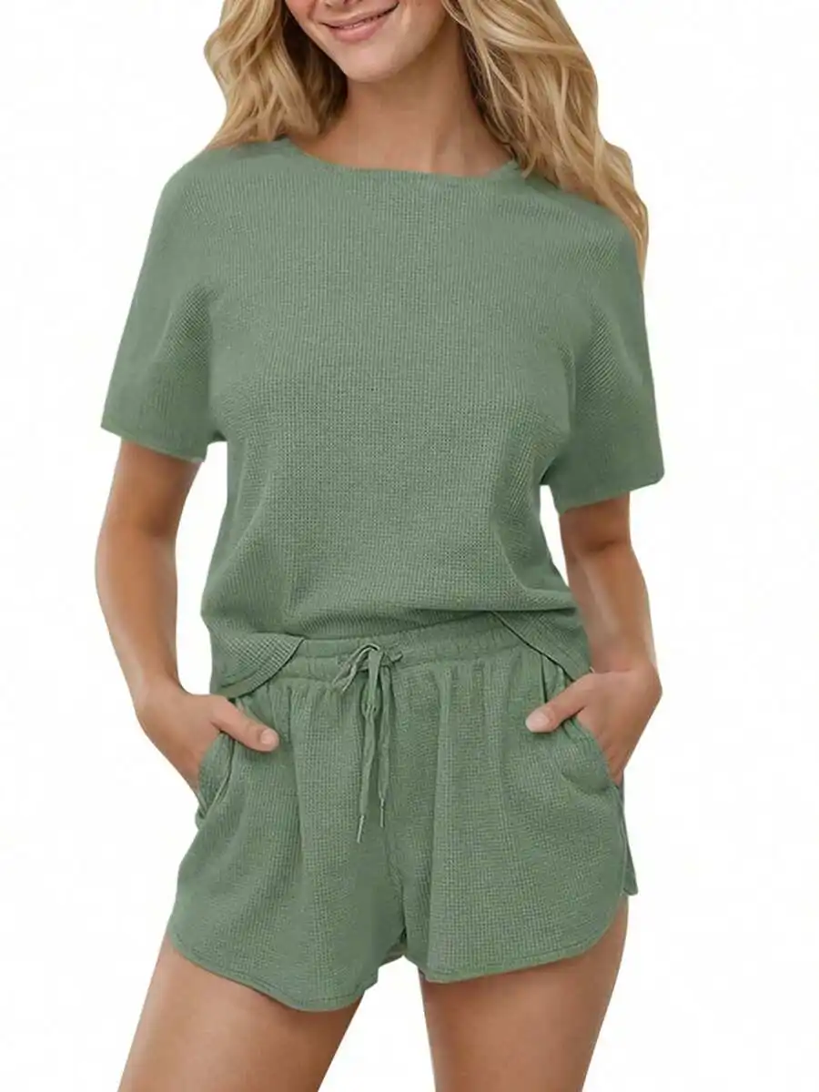 Womens Short Sleeve Waffle Knit Pajama Set Lounge Top And Shorts