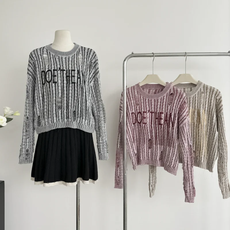 

Women's Ripped Stripe Round Neck Sweater Harajuku Korean Y2k Long Sleeves Jumper Sweaters 2024 Winter College Vintage Clothes