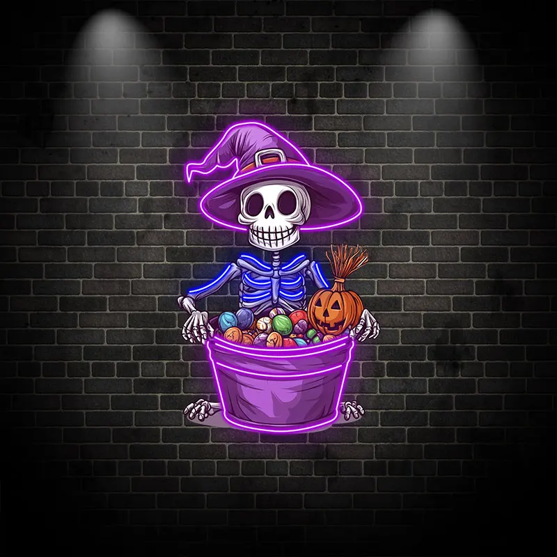 Skeleton with Candy Neon Light Sign, Fun & Spooky Halloween Design with Witch Hat & Pumpkin, Perfect for Party & Trick-or-Treat