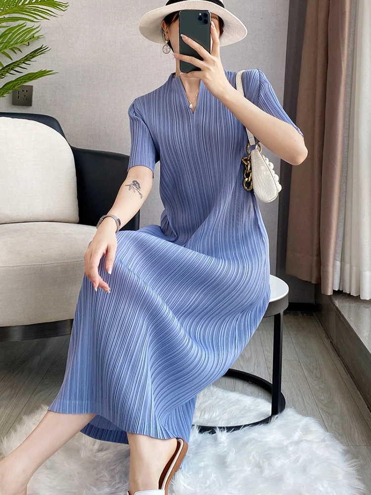 ALSEY Miyake Pleated Elegant Dresses for Women V-neck Short Sleeve Long Dress 2024 Summer New Loose Casual Elegant Clothing