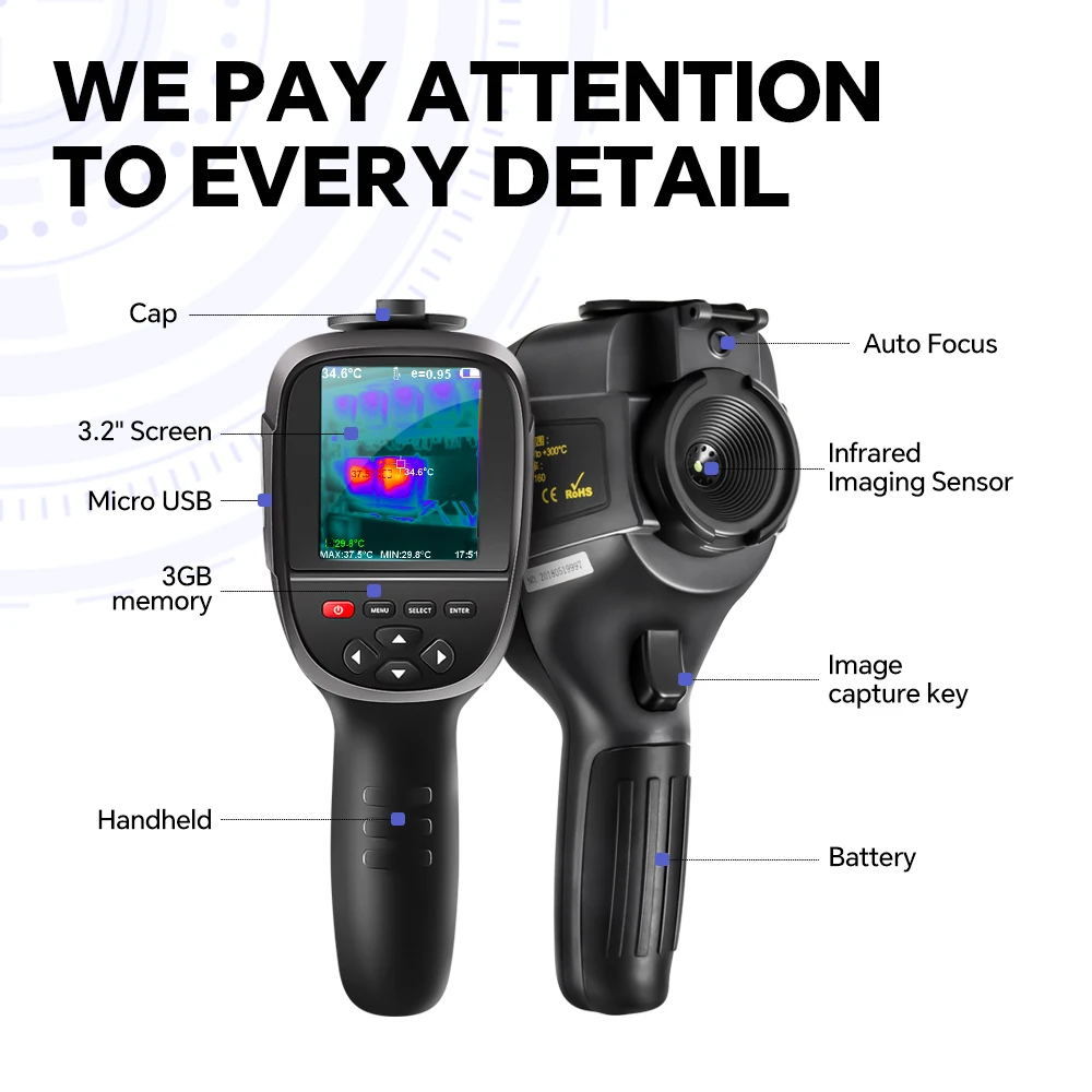 A-BF RX-500 Thermal Imager for Water Pipe Leak PCB Test Circuit Floor Heat Pipe Detect 256*192 Handheld Thermometer