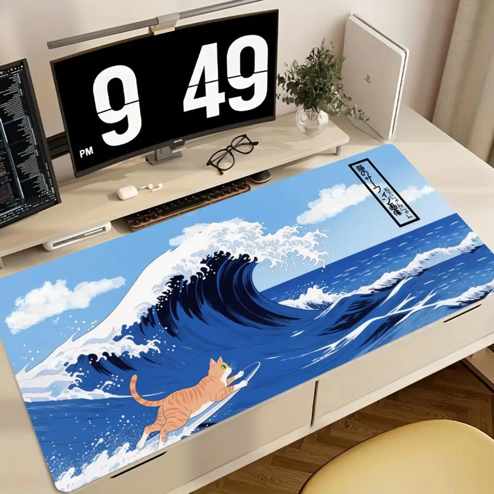 

Коврик для игровой мыши большого размера XXL, дизайн с рисунком Ocean Wave Ripple, с котенком, с прошитыми краями, подходит для офиса и домашнего использования