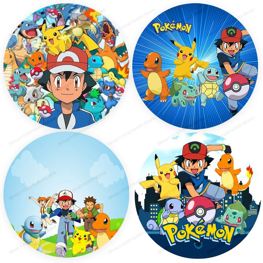 Pokemon Theme Backdrops Birthday Elastic Cover Decor Round Boys Yellow Pet Ball Pikachu Props Banner Circle Photo Backgrounds