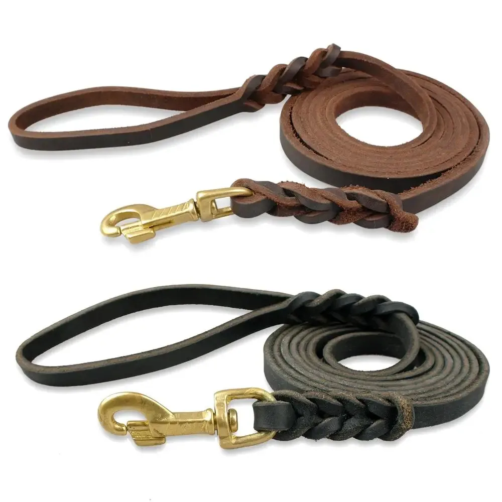 Genuine Leather Dog Leash Dogs Long Leashes Braided Pet Walking Training Leads Brown Black Colors For Medium Large Pet