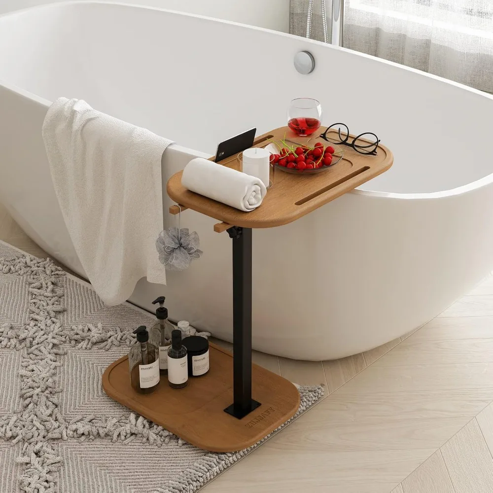 Tavolino regolabile a forma di C per bracciolo del divano, vassoio TV girevole con slot per telefono per piccoli spazi