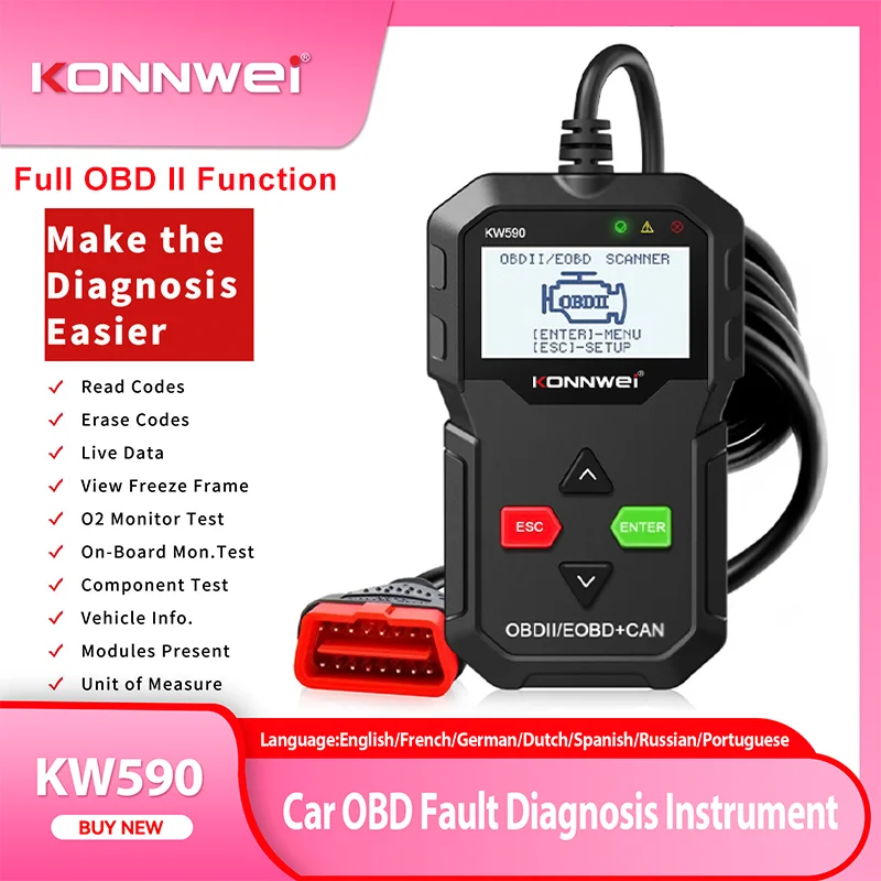 

2025 New KONNWEI KW590 OBD2 Scanner Car Code Reader OBDII Diagnostic Tool Clear Fault Code Support Multi-Brands Cars&languages