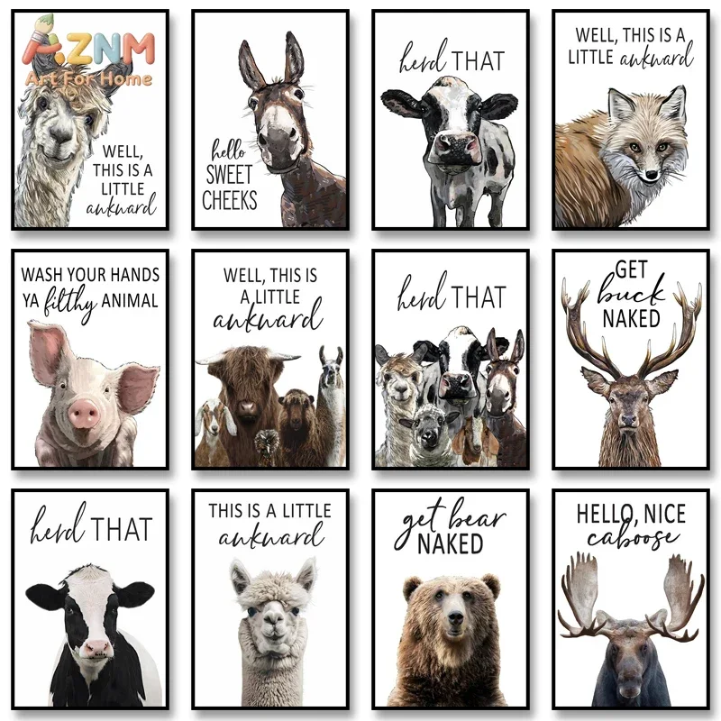 AZNM Funny Farm Wild Animal Canvas Print Alpaca Donkey Cow Fox Pig Bear With Humorous Quote Unframed Canvas Wall Art Bathroom Fa