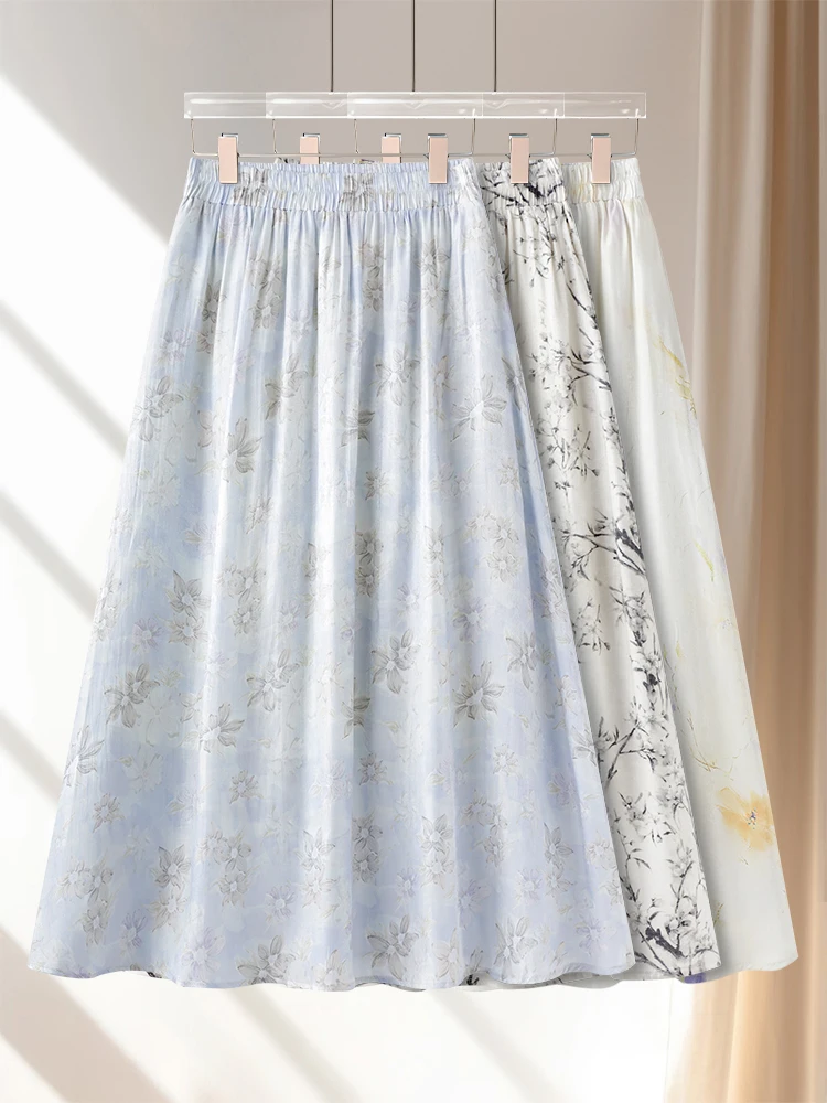 

Summer Thin A-Line Midi Skirt Women's High Waist Flowing Lace Floral Half Body Skirt Korean Style Commute Loose Fit Dyed