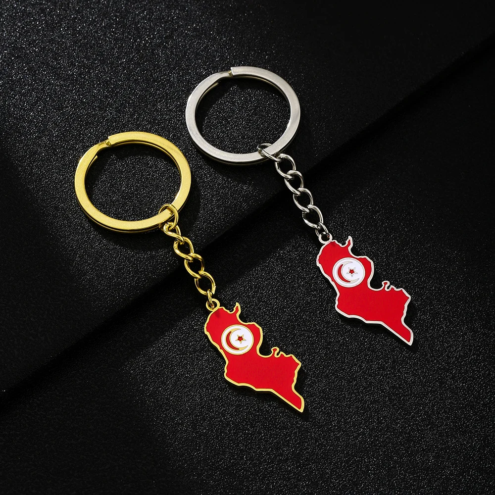 2025 Hot Selling Retro Stainless Steel Silhouette Tunisia Map Flag Pendant Keychain for Men and Women Fashion Handbag Keychain