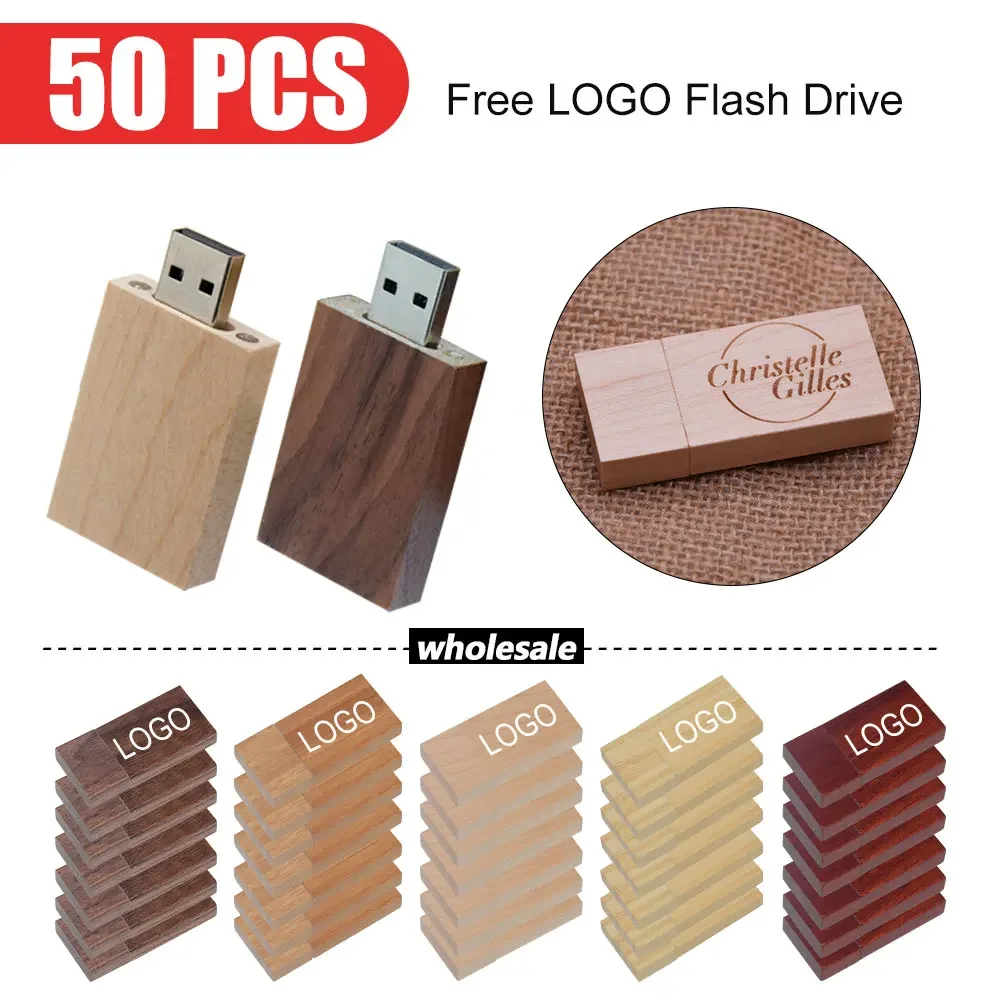 50pcs/lot Flash Drive Usb 2.0 Wooden Pen Drive 4GB 8GB 16GB 32GB 64GB 128GB U Disk Free Custom Logo for Photography Wedding Gift