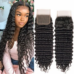 Perruque Lace Closure Deep Wave brésilienne Remy, cheveux 100% naturels, swd'appareils lace, avec baby hair, tissage, 4tage, document naturel