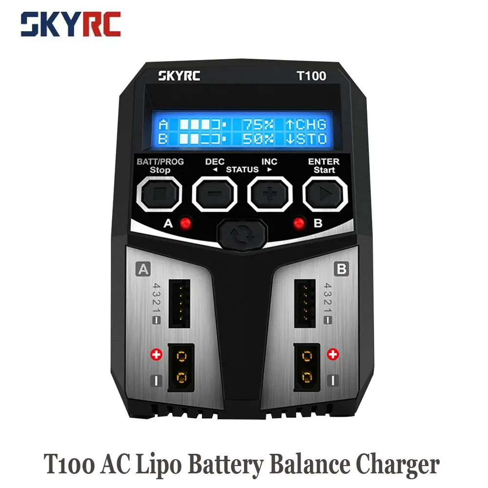 

SKYRC T100 Зарядное устройство переменного тока Lipo Battery Balance Dual 5A 2X50W 2-4S Зарядное устройство для NiMH / NiCd / LiPo / LiFe / Lilon / LiHV / Pb аккумуляторов