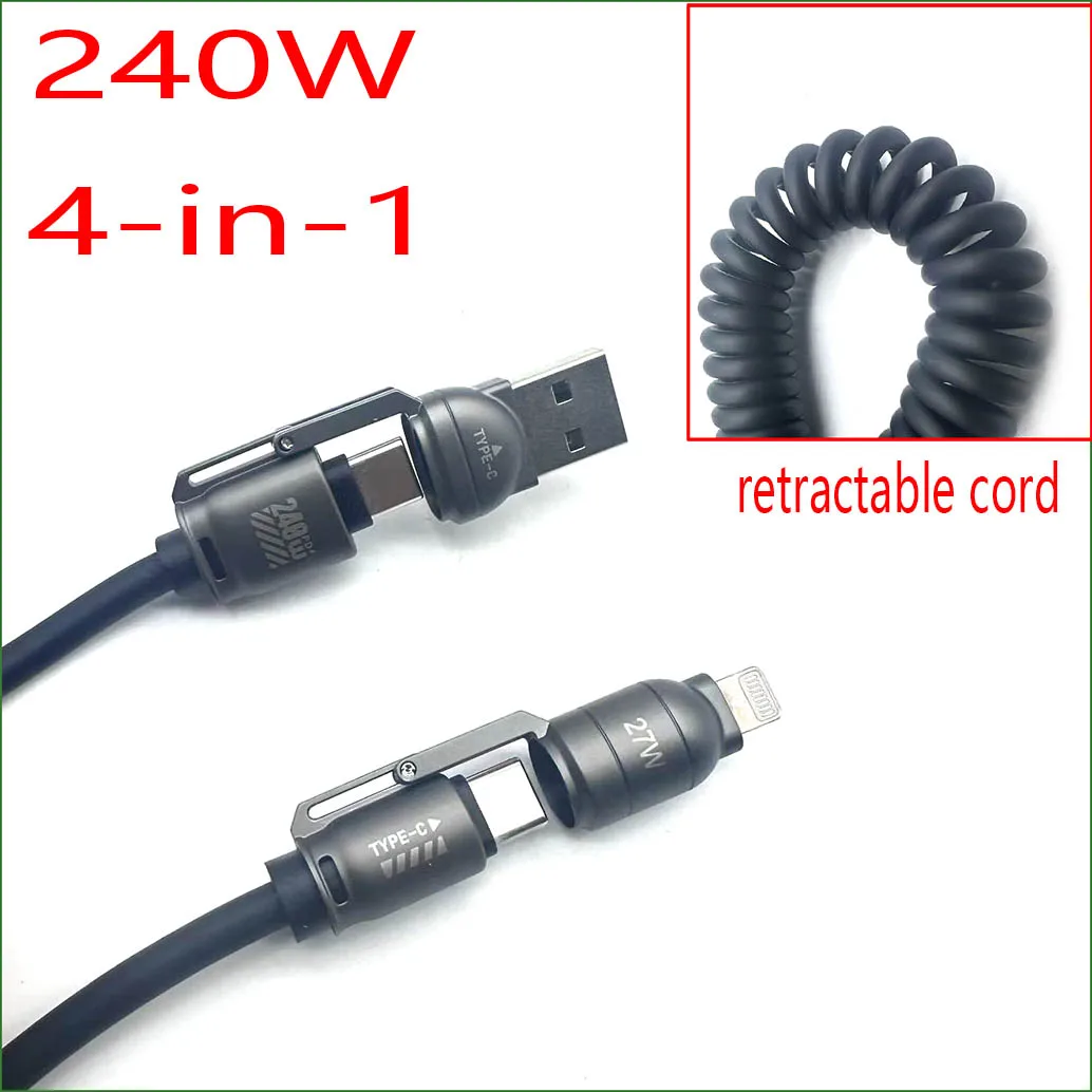 240W PD Fast Charging Telescopic Spring Cable with USB A/USB C to LT/Type C Extension Data Cable for iPhone iPad Laptops