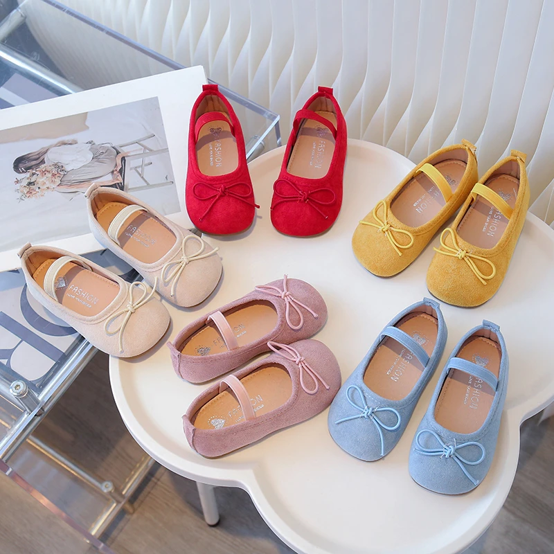 Prinzessinnenschuhe für kleine Mädchen, Bonbonfarben, Schleife, elastisches Band, flacher Kinderschuh aus Wildleder, süßer Slip-On, bequemer Herbst-Kinderschuh, Größe 21–30 – Detail 3