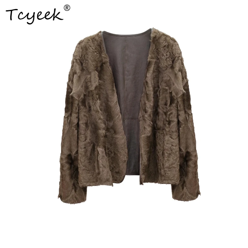 Tcyeek Genuine Wool Autumn Winter High End Trendy Wear V-neck Solid Color Short on Both Sides Women's Wool Shearling Fur Coat