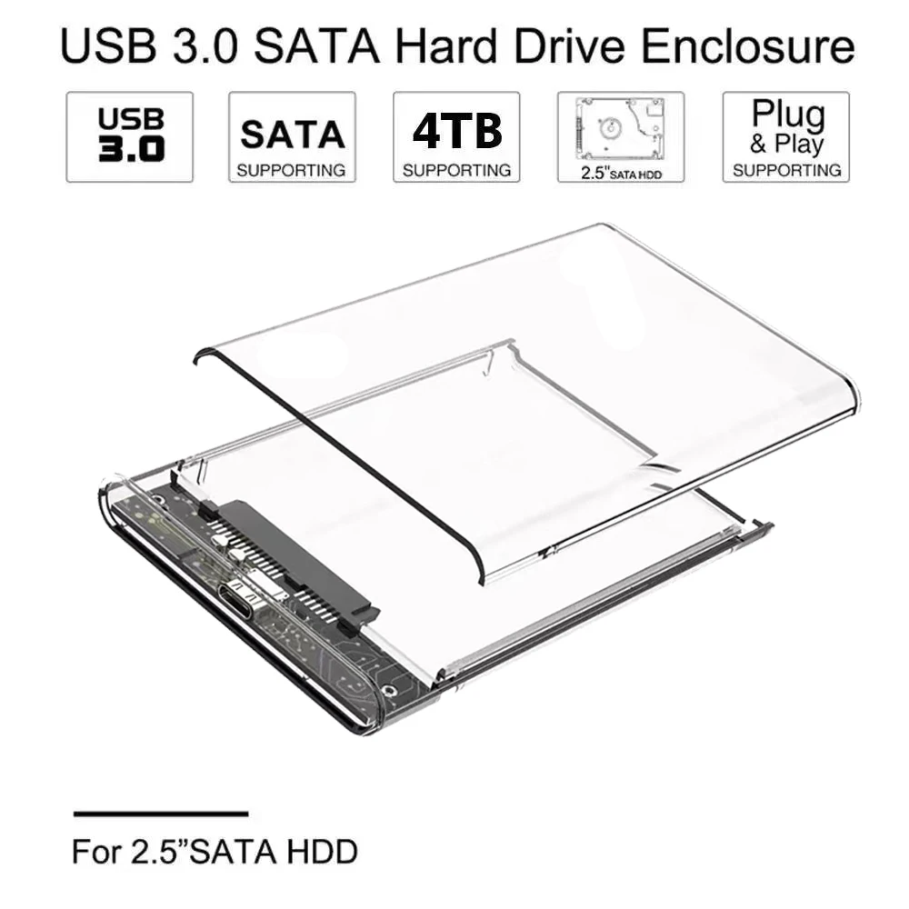 Carcasa de disco duro externo SATA a USB 2,5 de 3,0 pulgadas, funda transparente de disco duro portátil para SSD HDD SATA de 2,5 pulgadas, 7mm y 9,5mm, soporte