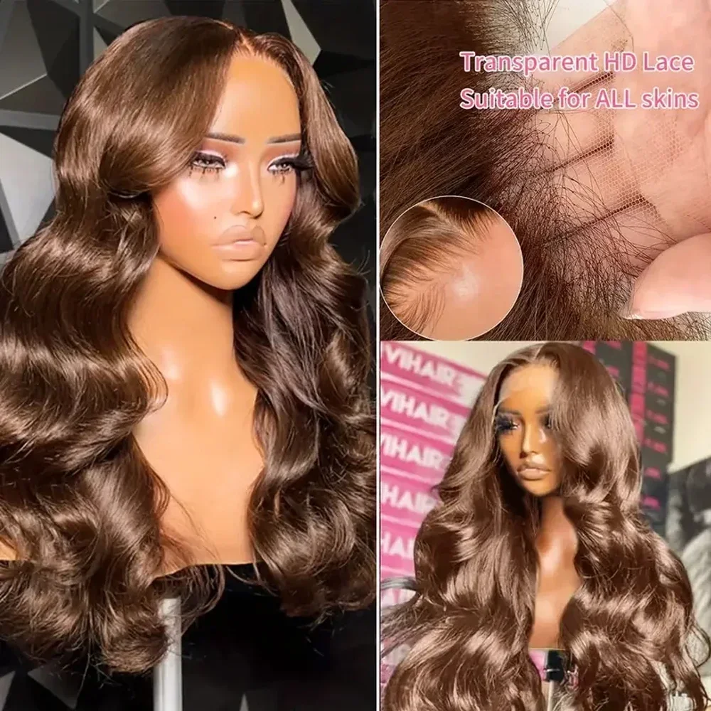 Peruca de renda marrom chocolate com cabelo de bebê marrom avermelhado colorido 13x4 hd onda corporal perucas dianteiras de renda para mulheres peruca sintética sem cola