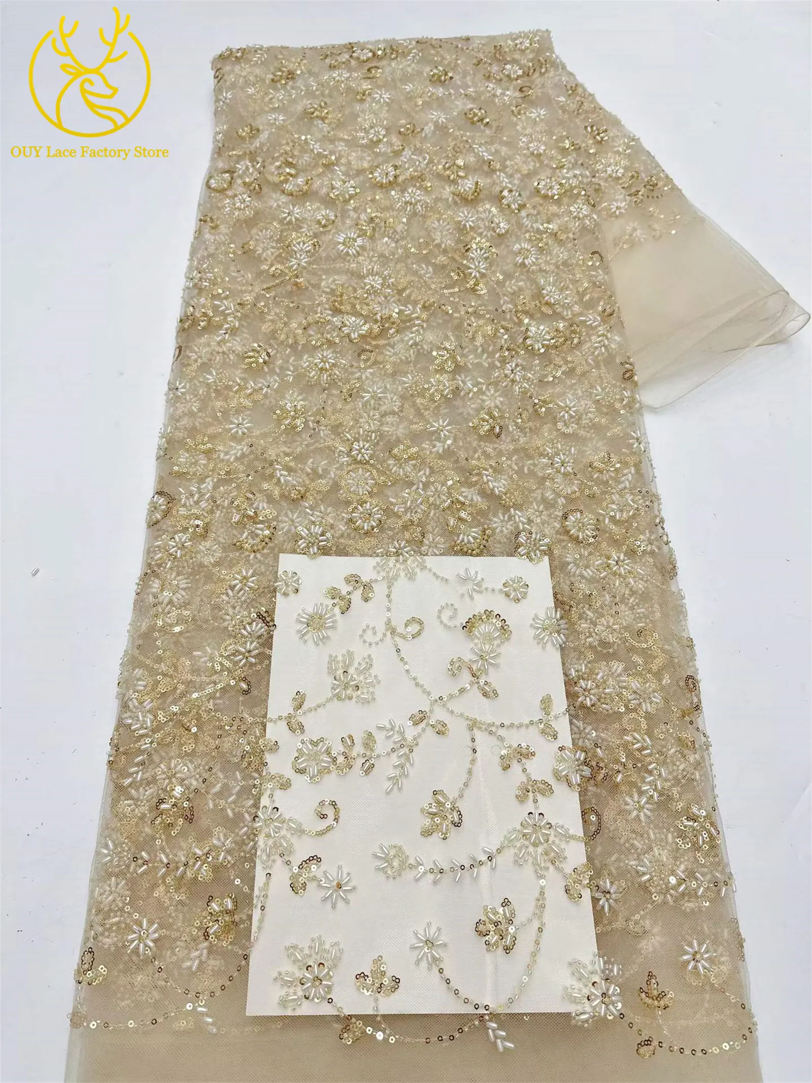 Königsblauer luxuriöser handgefertigter Perlen-Spitzenstoff, 5 Yards, hochwertiger französischer Tüll-Pailletten-Spitzenstoff für Party- und Hochzeitskleider – Detail 19