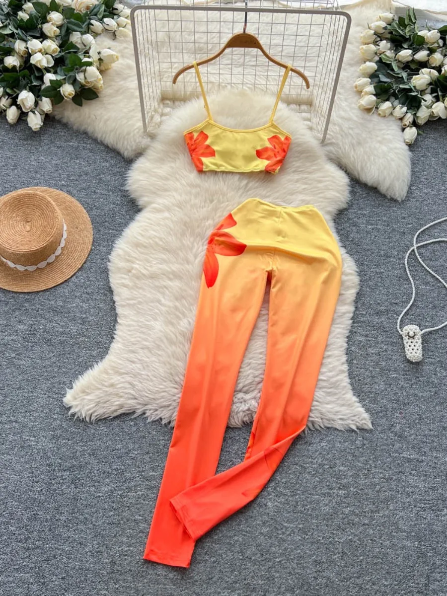 

Foamlina American Gradient Print Two Piece Set Women Summer Halter Strap Bandeau Vest & High Waist Slim Fit Tight Long Pants