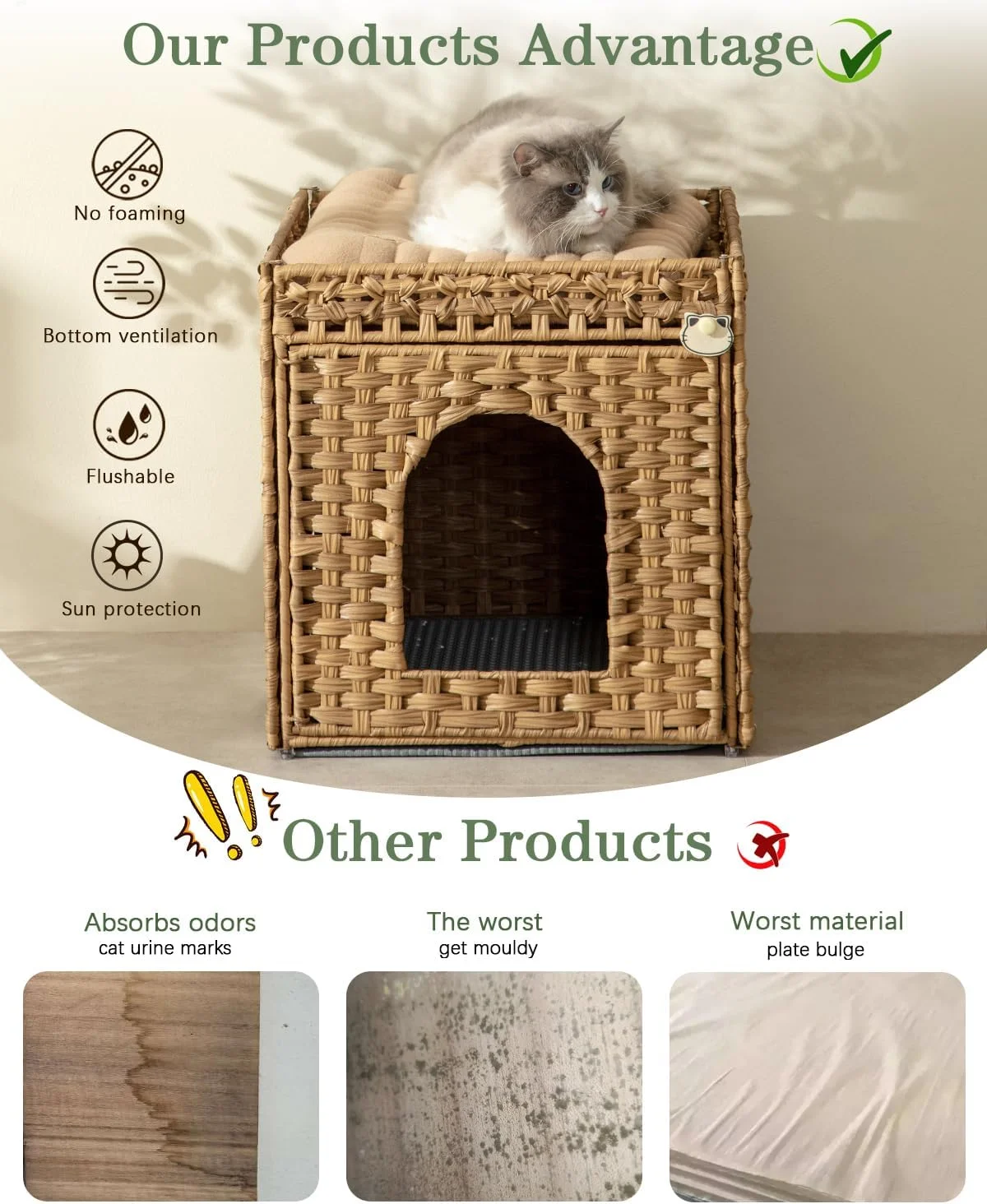 Cat Box Enclosure Furniture, Hidden Box with Mat and Fence, Handwoven Rattan Cat House with Two S-Shaped Hooks For