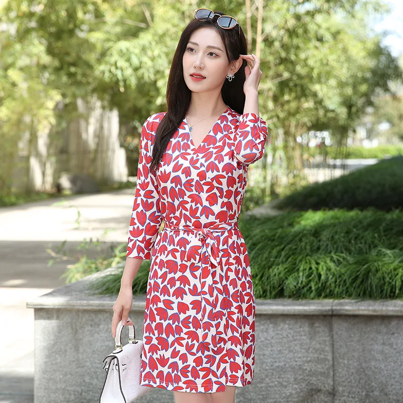 Pg 2024 Summer new elegant graceful slim-fit slimming red leaves printed dress women