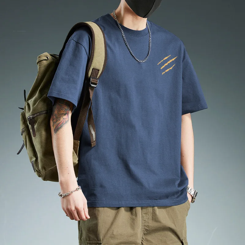 Men's T-shirt - Heavyweight pure cotton summer short-sleeved T-shirt. Men's loose-fitting casual Japanese retro multi-purpose