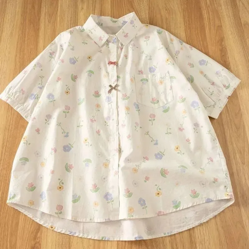 

Женская хлопковая рубашка с цветочным принтом, коротким рукавом, на пуговицах, с милым бантом, повседневная блузка