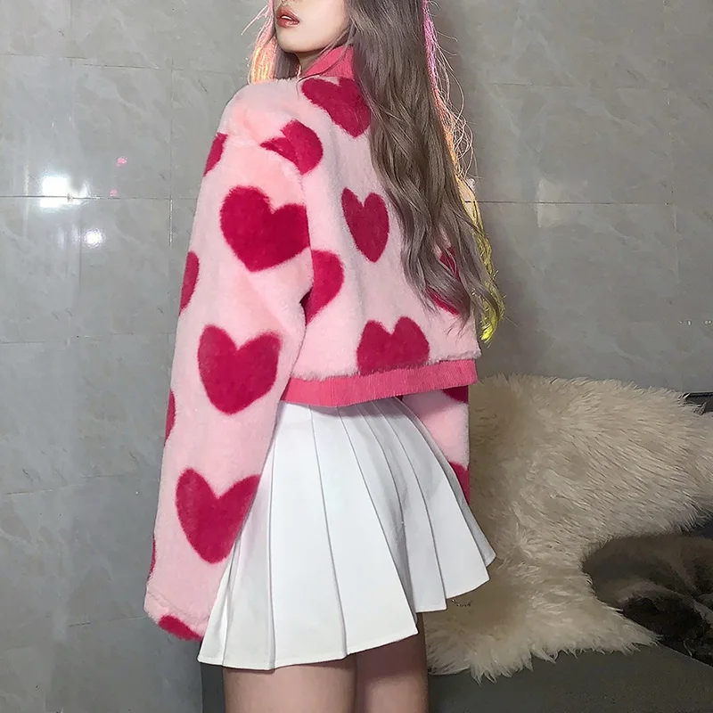 New Girls Pink Heart-shaped Women\'s Fleece Jacket Warm Winter Jacket Short Hooded Coat Autumn Winter y2k Sweatshirts