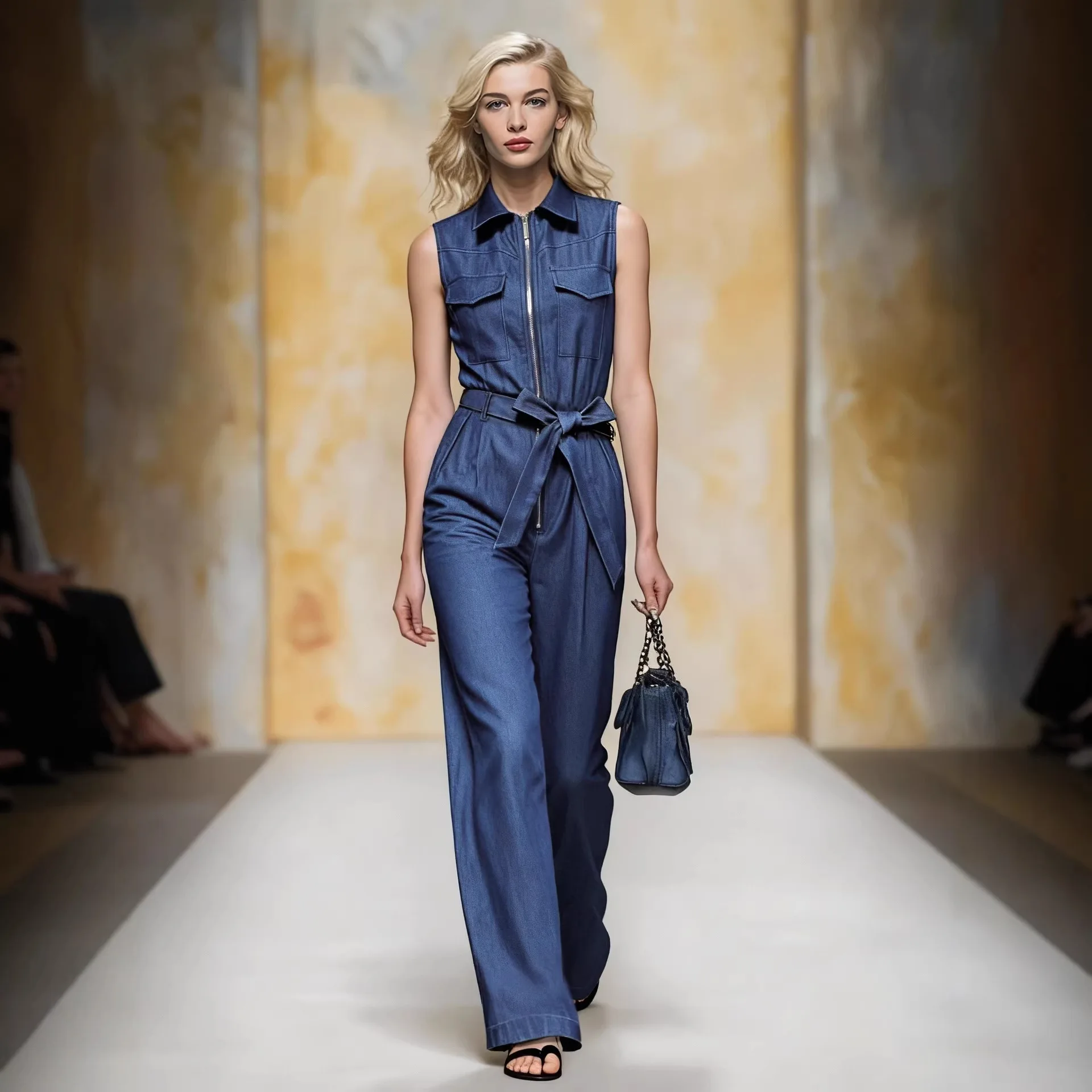 

Sleeveless Collared Faux-Denim Jumpsuit, Waist-Cinching Tie-Waist Wide-Leg Pants, Slimming And Drapey One-Piece For Commuting