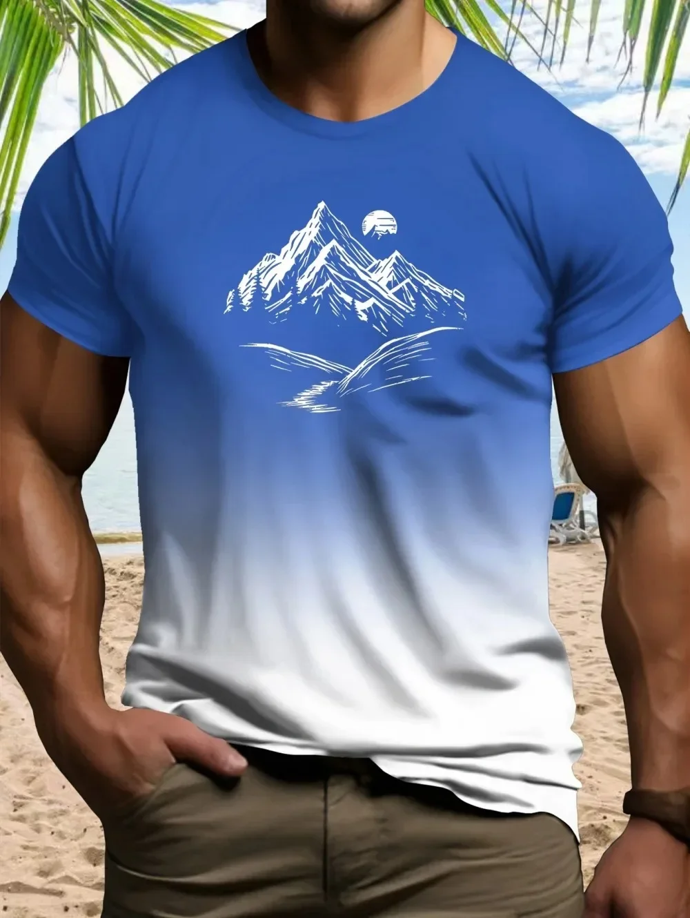 Beliebte Herren-T-Shirts mit Farbverlauf und Kurzarm, Berglandschaftsdruck, modische Wochenend-Outfits, Camping, schnell trocknende Herrenbekleidung