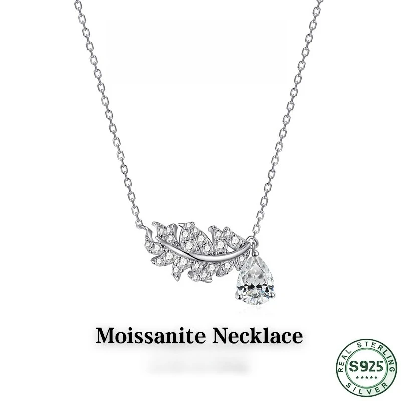 New S925 pure silver droplet shaped moissanite necklace for women, leaf pendant, pure silver necklace, wedding jewelry