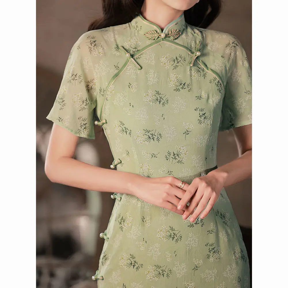 Pmwrun Summer Green Chiffon Sex Cheongsam Double-Breasted Side Buttons Qipao Girls Little Fresh Daily Side Slit Chinese Dress