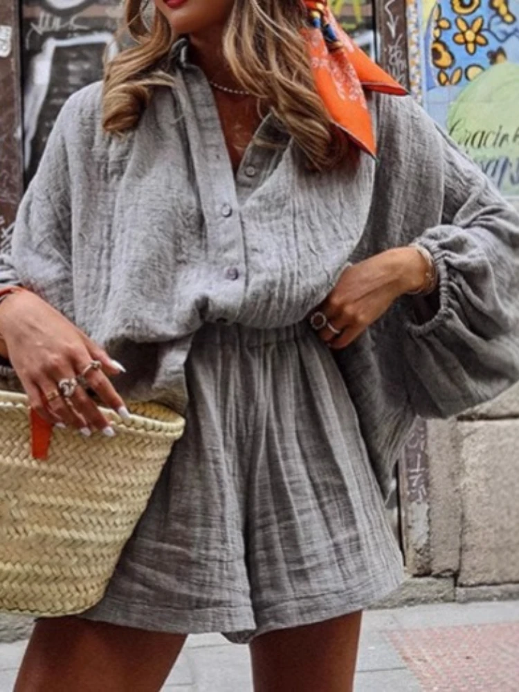 2023 летняя мода, новый женский элегантный стиль для поездок на работу, уличный стиль, повседневный топ с длинными рукавами, шорты, комплект из двух предметов