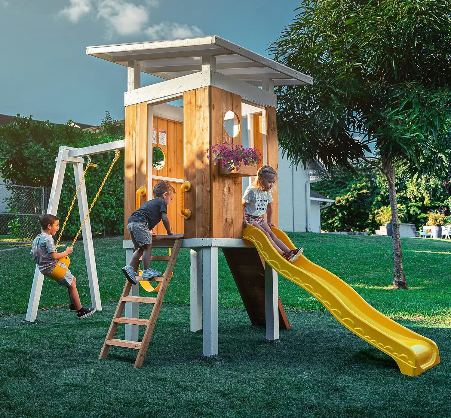 

Modern Outdoor Backyard Swing Set Children's Rock Climbing Wood Playground Playset 2 Belt Swings, Clubhouse Fort,