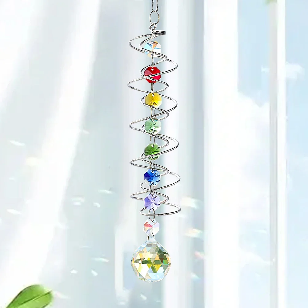 Kinetic Suncatcher Wind Spinner Spiral Tail Stabilizer Crystal Ball Chakra Meditation Hanging Wind Chimes Rainbow Garden Decor