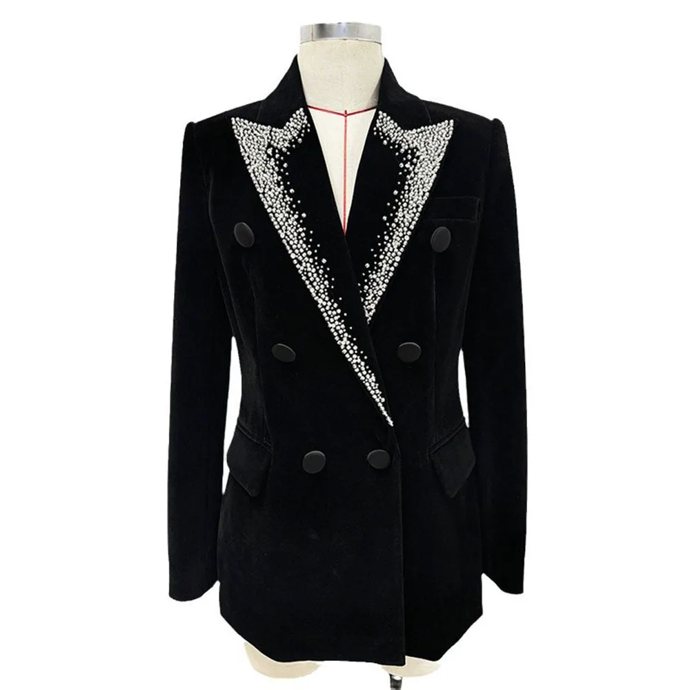 Luxury Rhinestone Shiny Jacket for Women Autumn/Winter New Fashion Double-Breasted Velvet Blazer with Beaded Quality Coat Ladies