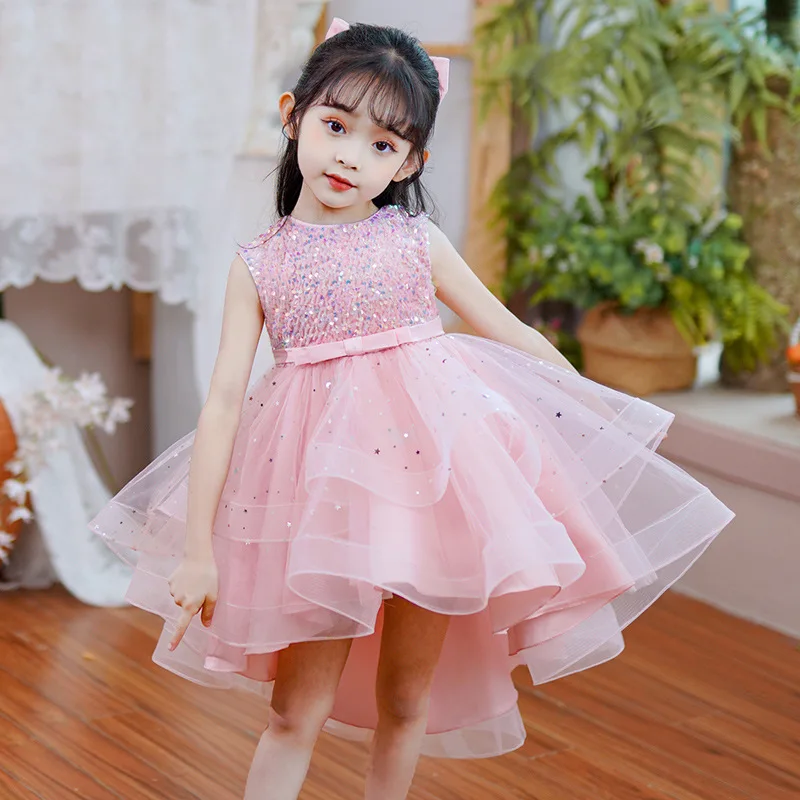 Girls Sequin Trailing Shining Party Dress Kids Fluffy Wedding Princess Gown Young Girl Lace Evening Clothes Children Flash Wear